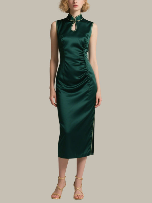 Dark Green Satin Qipao Style Midi Dress Women's Elegant Dress