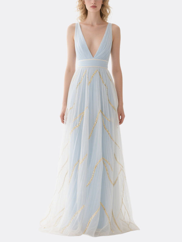 Light Blue Tulle Maxi Dress Deep V-neck Sequined Dress