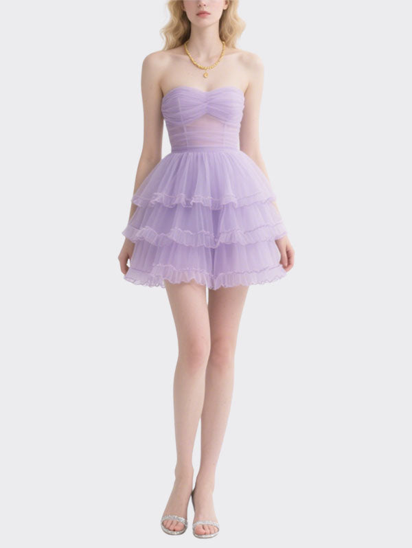 Lilac Strapless Tiered Tulle Party Dress