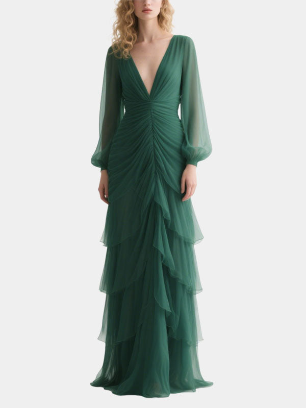 Emerald Green Chiffon Ruched Gown Long Sleeve Formal Evening Dress