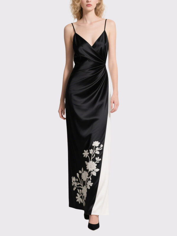 Black Satin Floral Embroidered Dress Slip Maxi Evening Gown