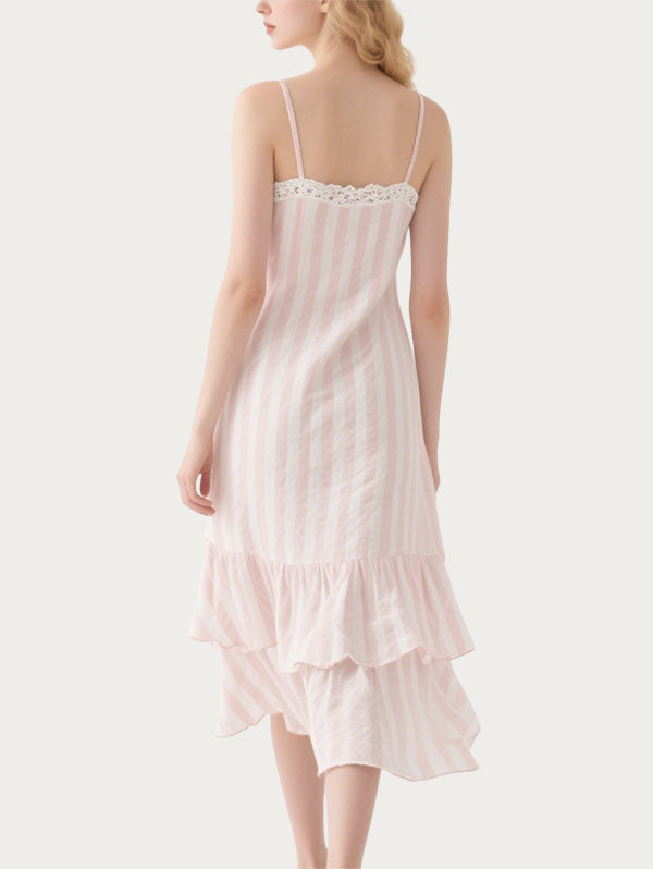 Pink and White Striped Lace Trimmed Midi Dress Women's Casual Summer Dress