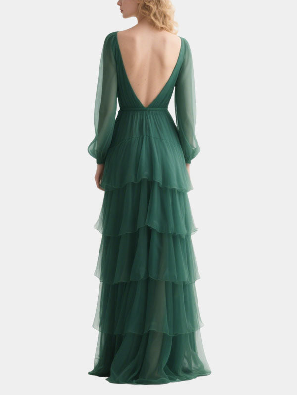 Emerald Green Chiffon Ruched Gown Long Sleeve Formal Evening Dress