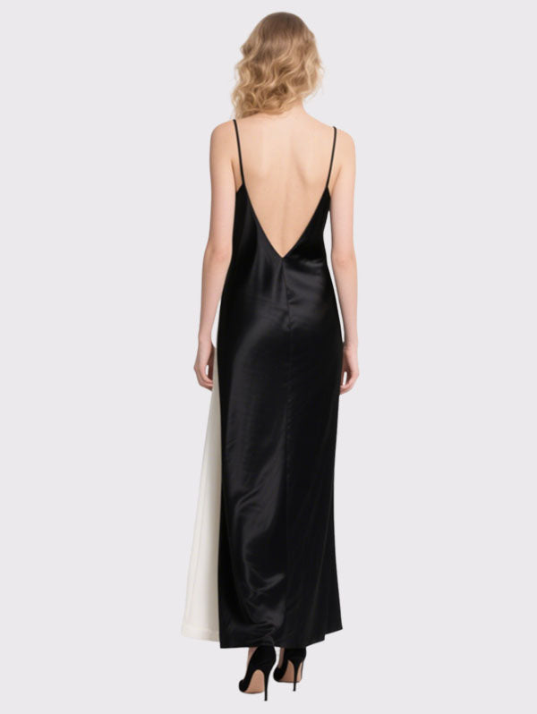 Black Satin Floral Embroidered Dress Slip Maxi Evening Gown
