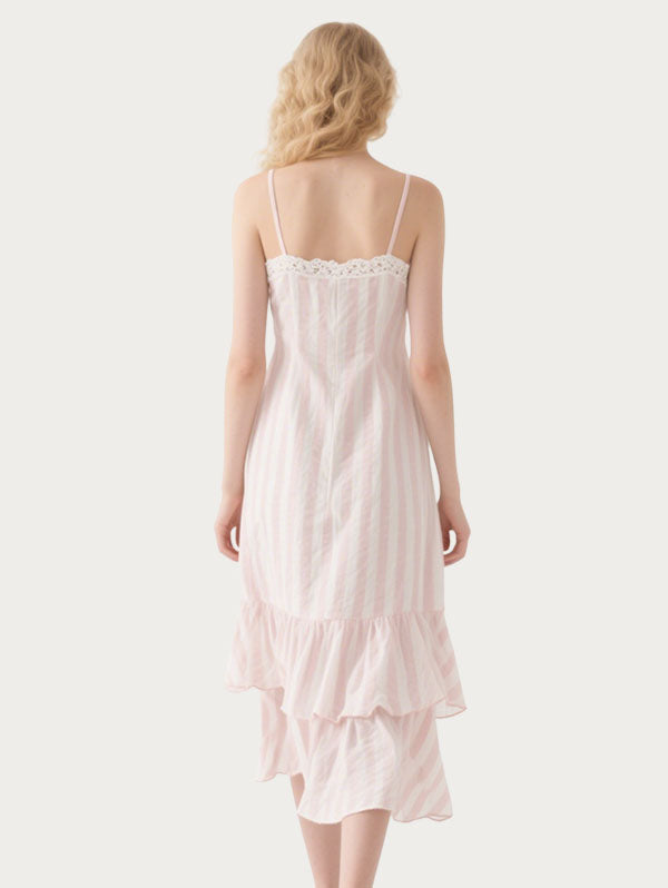 Pink and White Striped Lace Trimmed Midi Dress Women's Casual Summer Dress