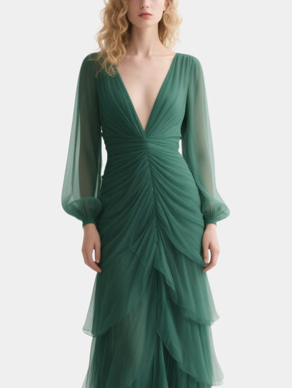 Emerald Green Chiffon Ruched Gown Long Sleeve Formal Evening Dress