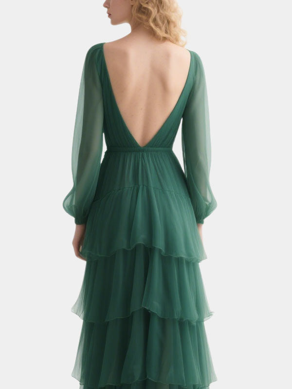 Emerald Green Chiffon Ruched Gown Long Sleeve Formal Evening Dress