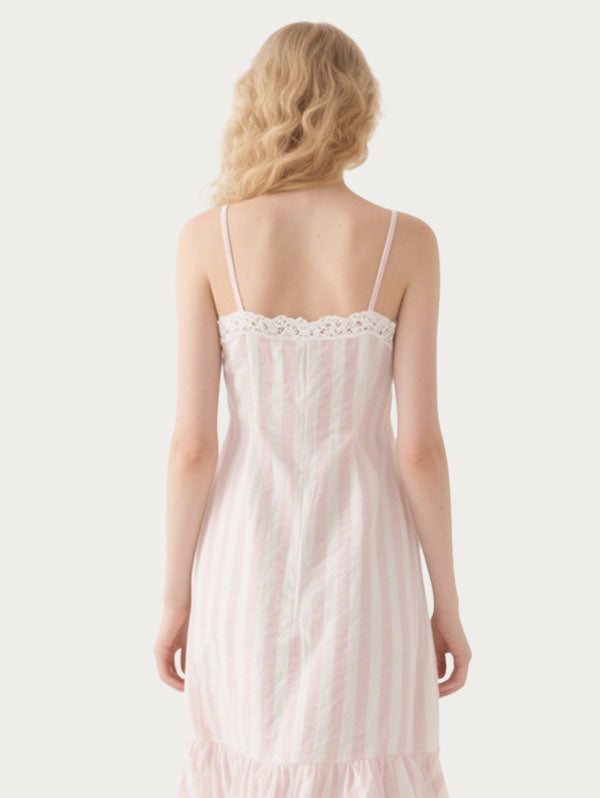 Pink and White Striped Lace Trimmed Midi Dress Women's Casual Summer Dress