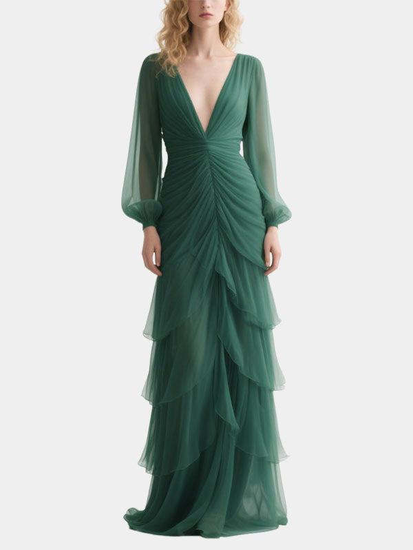 Emerald Green Chiffon Ruched Gown Long Sleeve Formal Evening Dress