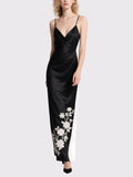 Black Satin Floral Embroidered Dress Slip Maxi Evening Gown