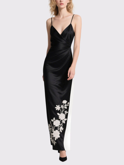 Black Satin Floral Embroidered Dress Slip Maxi Evening Gown