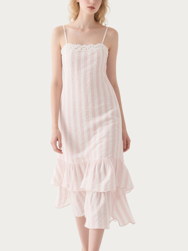 Pink and White Striped Lace Trimmed Midi Dress Women's Casual Summer Dress