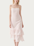 Pink and White Striped Lace Trimmed Midi Dress Women's Casual Summer Dress