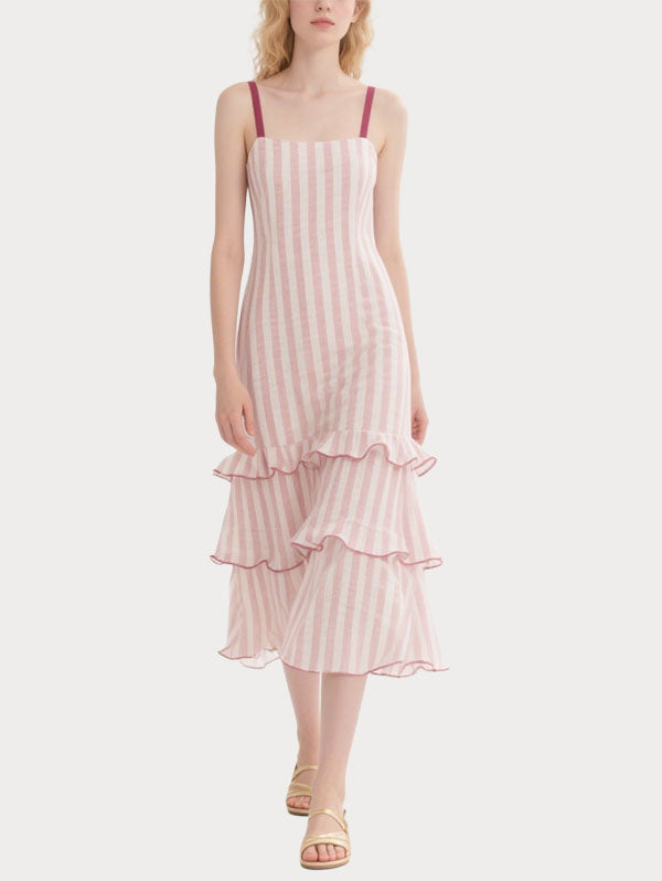 Pink and White Striped Ruffled Midi Dress Women's Casual Summer Dress