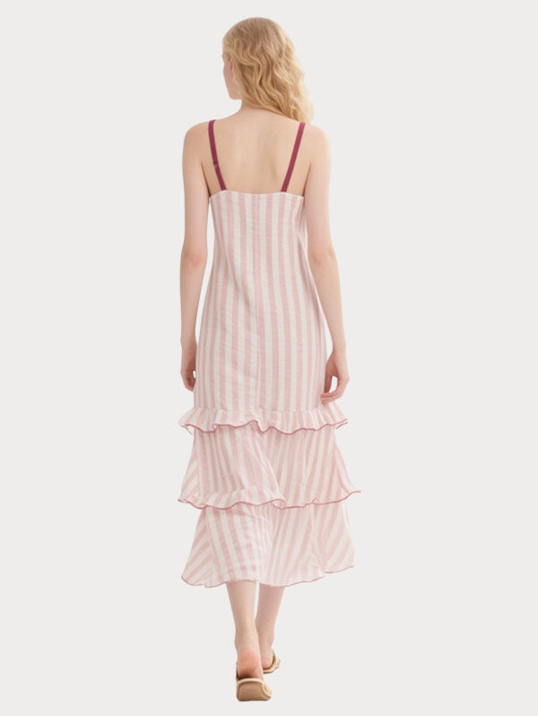 Pink and White Striped Ruffled Midi Dress Women's Casual Summer Dress