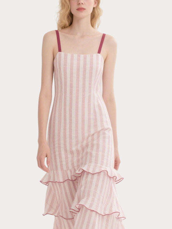Pink and White Striped Ruffled Midi Dress Women's Casual Summer Dress