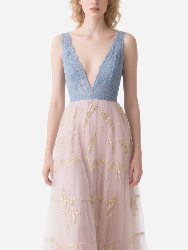 Light Blue Lace & Pink Tulle Gown