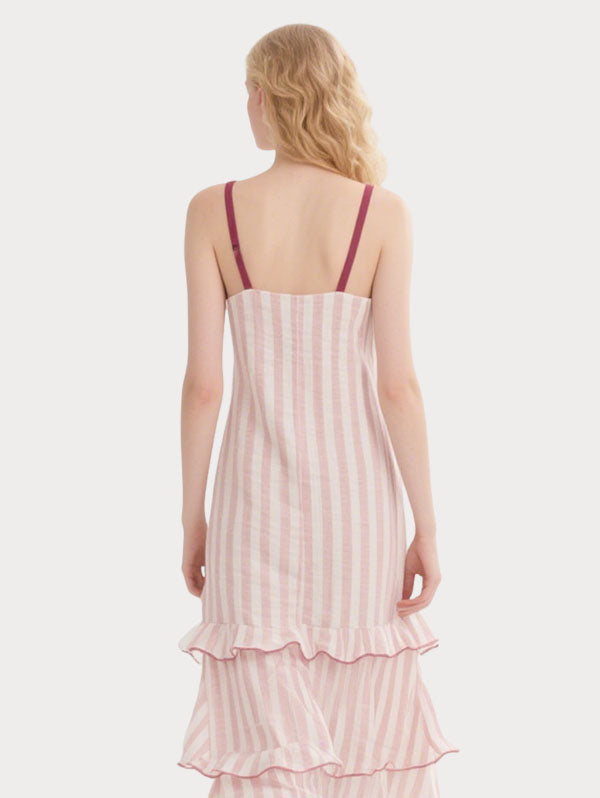 Pink and White Striped Ruffled Midi Dress Women's Casual Summer Dress