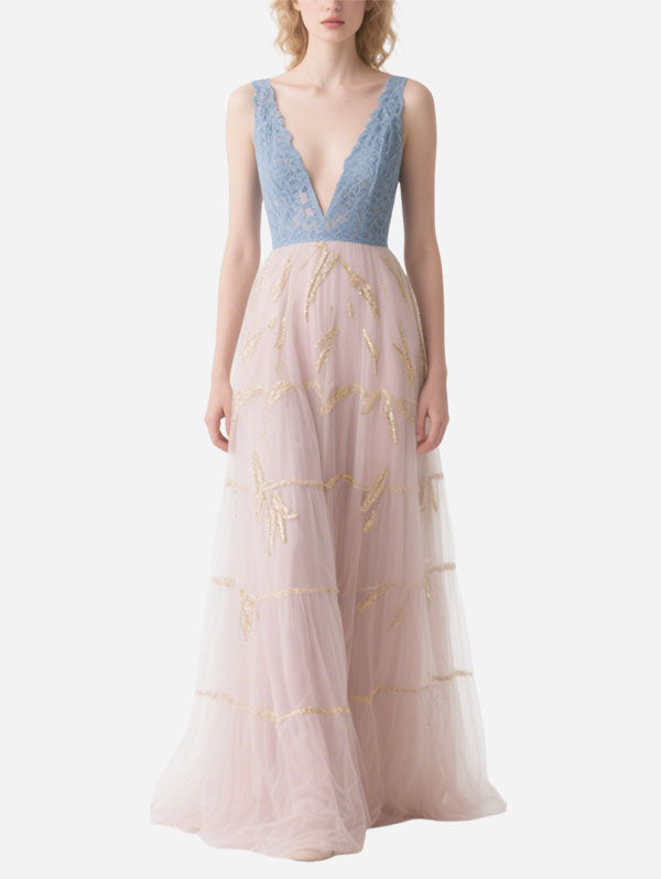 Light Blue Lace & Pink Tulle Gown