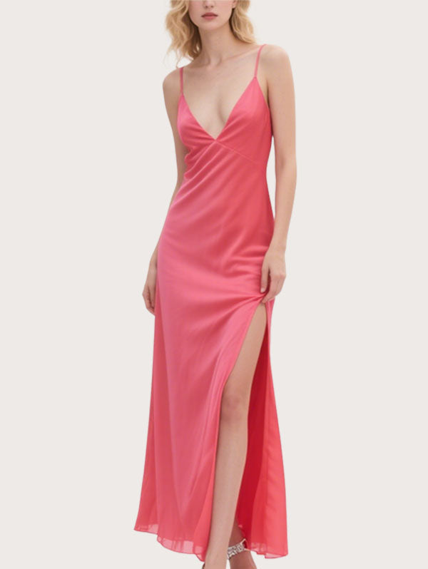 Coral Satin Maxi Dress Deep V-neck Side Slit Dress