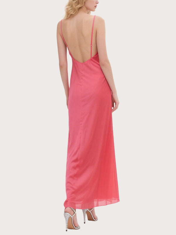 Coral Satin Maxi Dress Deep V-neck Side Slit Dress