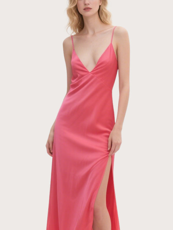 Coral Satin Maxi Dress Deep V-neck Side Slit Dress