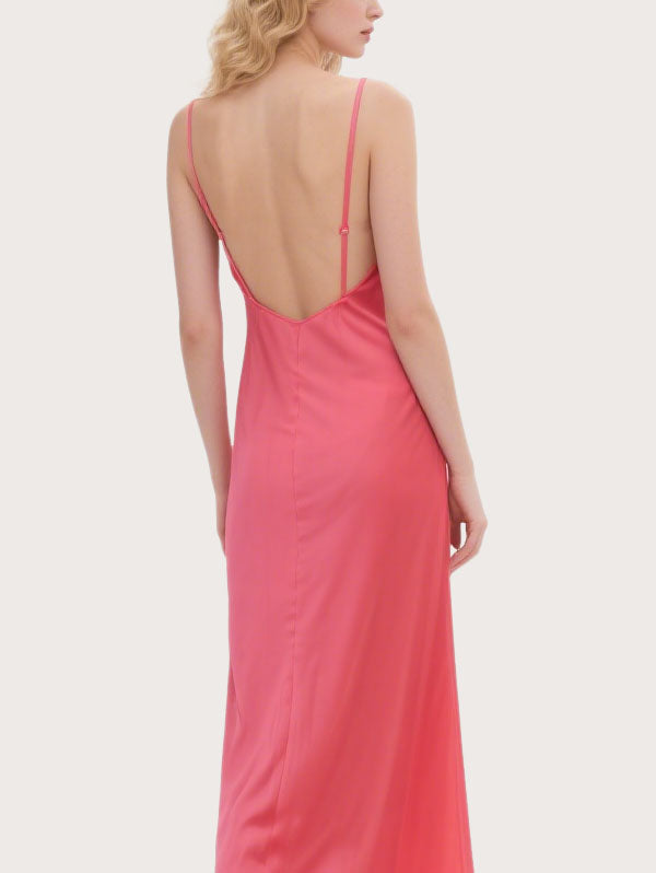 Coral Satin Maxi Dress Deep V-neck Side Slit Dress