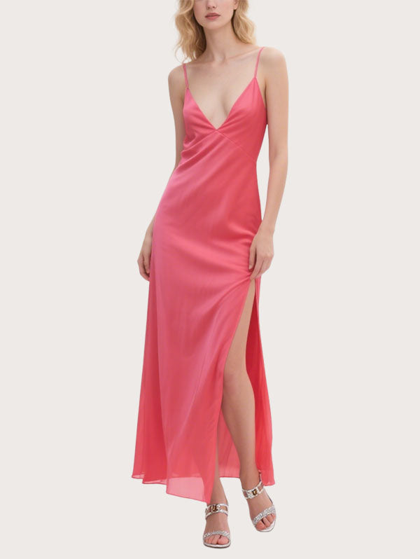 Coral Satin Maxi Dress Deep V-neck Side Slit Dress