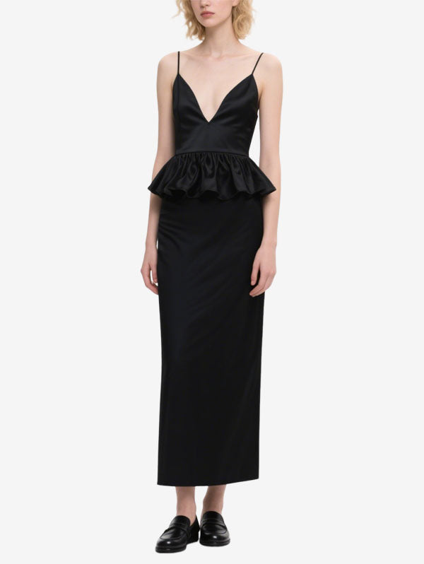 Black Satin Peplum Maxi Dress Women's Elegant Evening Dress
