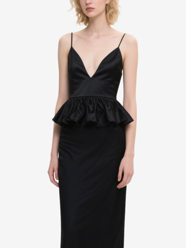 Black Satin Peplum Maxi Dress Women's Elegant Evening Dress
