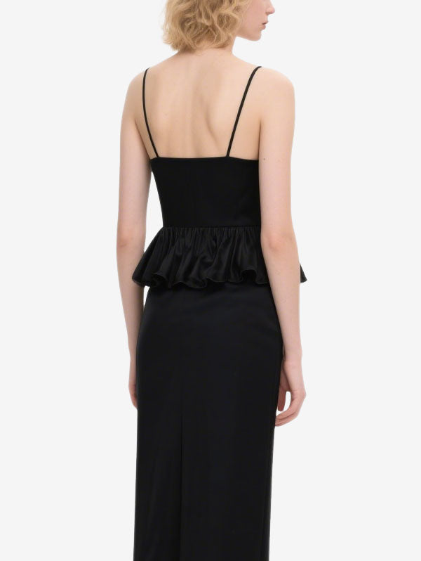 Black Satin Peplum Maxi Dress Women's Elegant Evening Dress