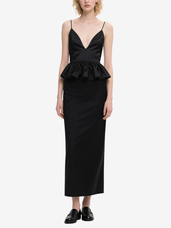 Black Satin Peplum Maxi Dress Women's Elegant Evening Dress