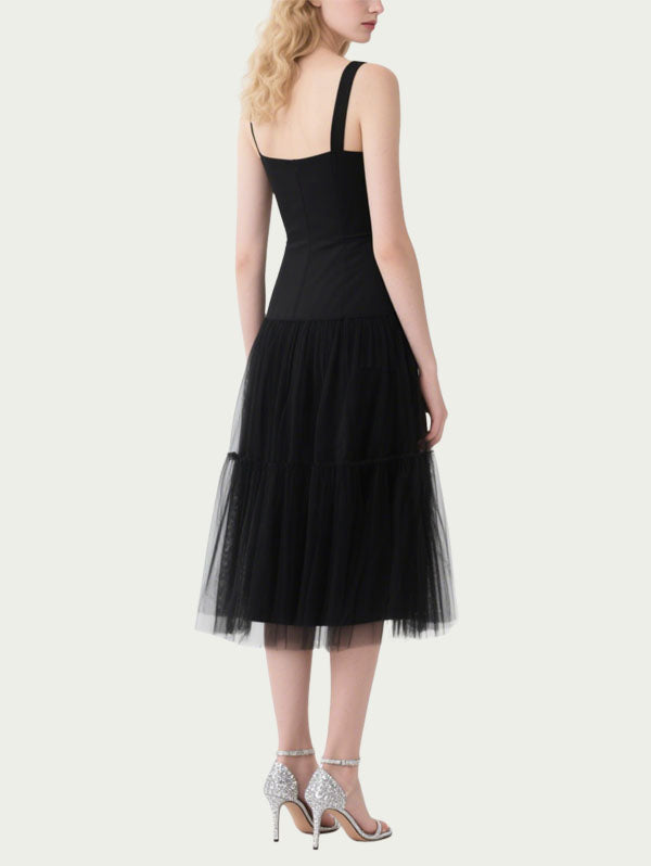 Black Square Neck Tulle Midi Dress Women's Romantic Event Dress