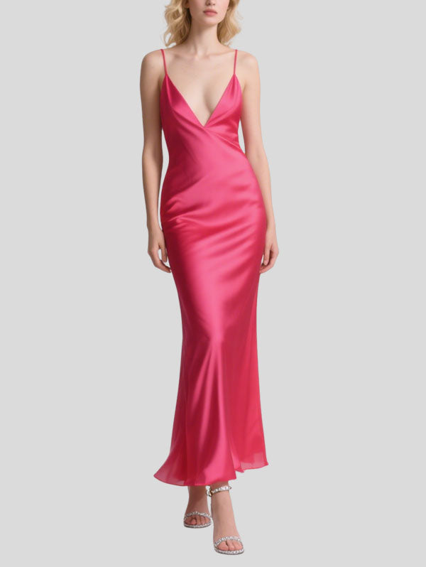 Fuchsia Satin Deep V-neck Maxi Dress