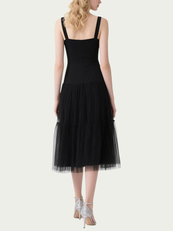Black Square Neck Tulle Midi Dress Women's Romantic Event Dress