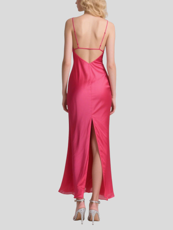 Fuchsia Satin Deep V-neck Maxi Dress