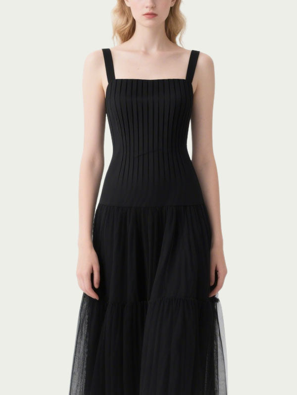 Black Square Neck Tulle Midi Dress Women's Romantic Event Dress