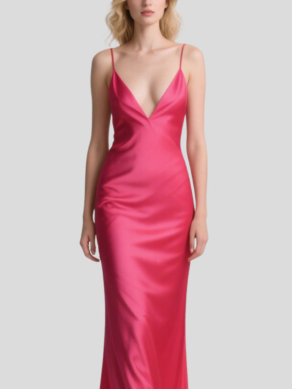 Fuchsia Satin Deep V-neck Maxi Dress