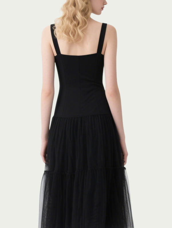 Black Square Neck Tulle Midi Dress Women's Romantic Event Dress