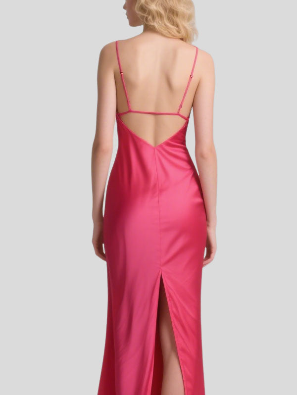 Fuchsia Satin Deep V-neck Maxi Dress