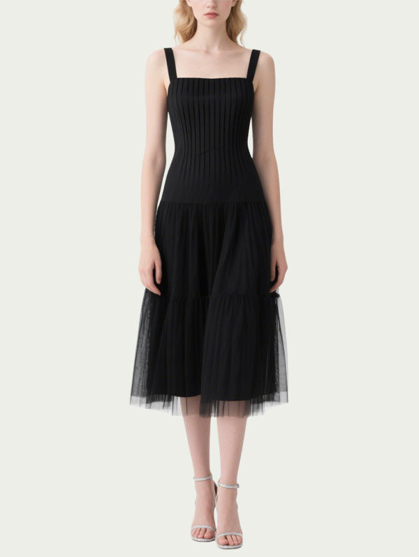Black Square Neck Tulle Midi Dress Women's Romantic Event Dress