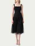 Black Square Neck Tulle Midi Dress Women's Romantic Event Dress