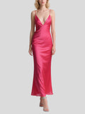 Fuchsia Satin Deep V-neck Maxi Dress
