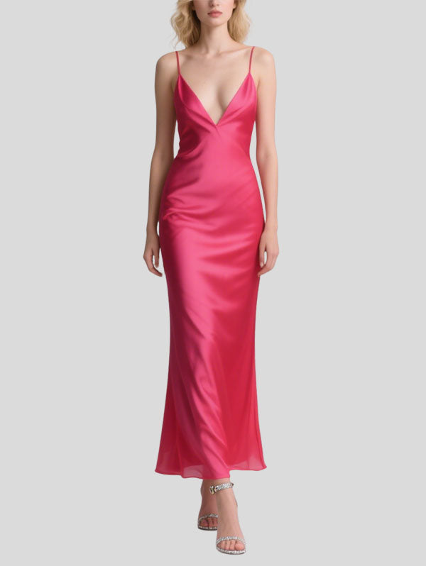 Fuchsia Satin Deep V-neck Maxi Dress