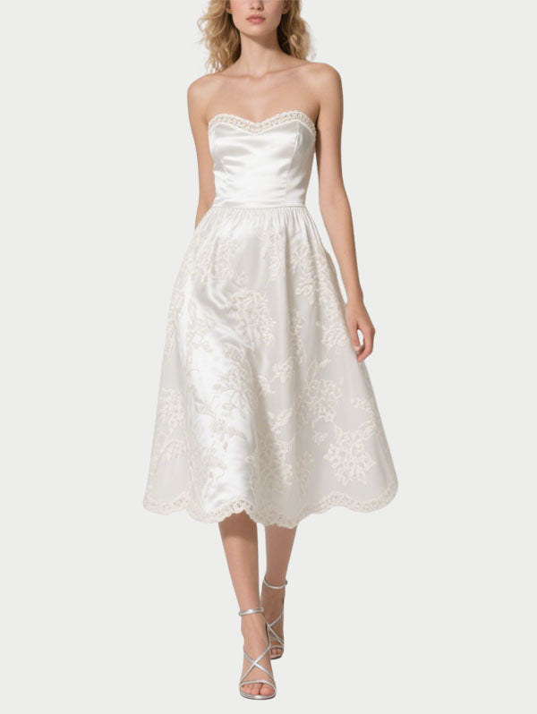 White Strapless Embroidered Satin Midi Dress Women's Formal Party Dress