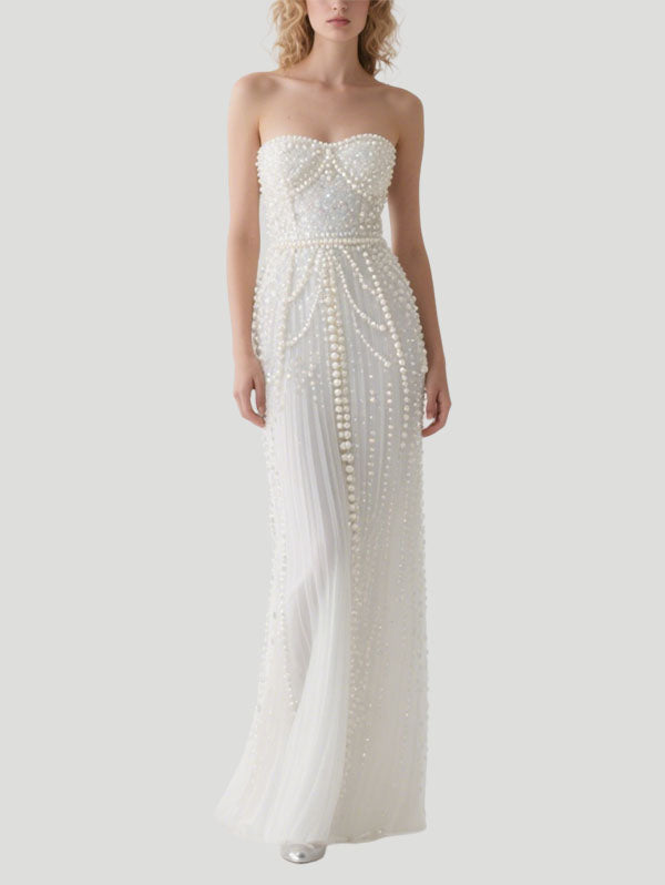 Pearl - Embellished White Strapless Tulle Gown