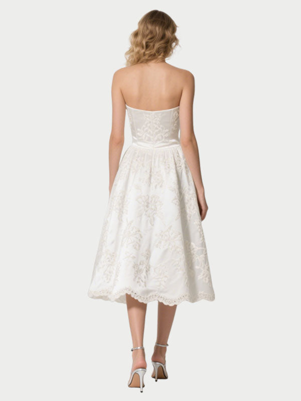 White Strapless Embroidered Satin Midi Dress Women's Formal Party Dress