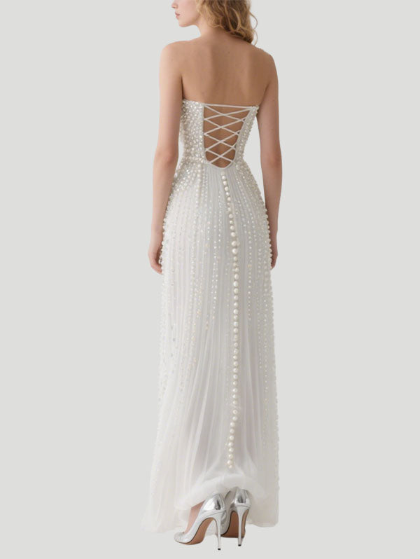 Pearl - Embellished White Strapless Tulle Gown
