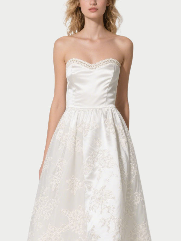 White Strapless Embroidered Satin Midi Dress Women's Formal Party Dress