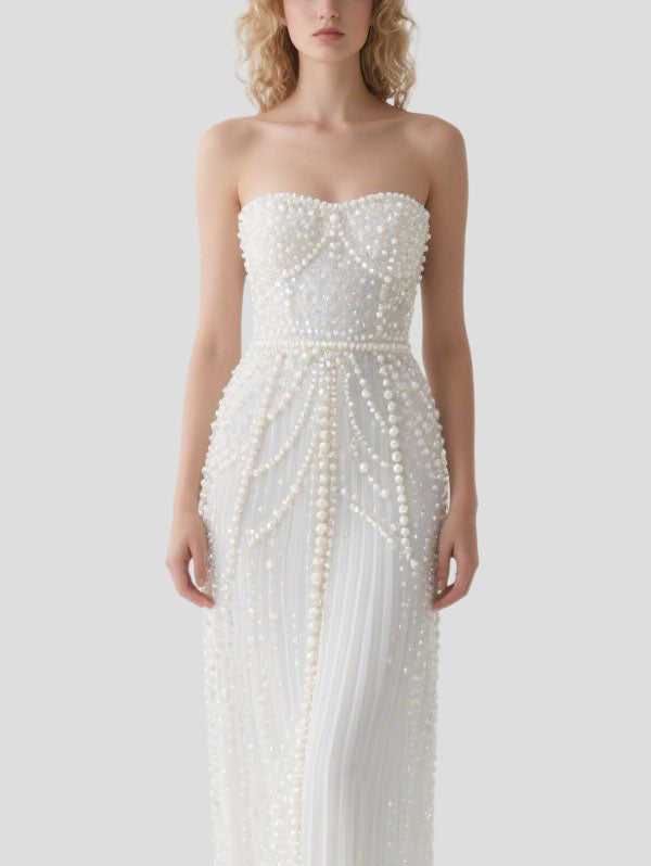 Pearl - Embellished White Strapless Tulle Gown